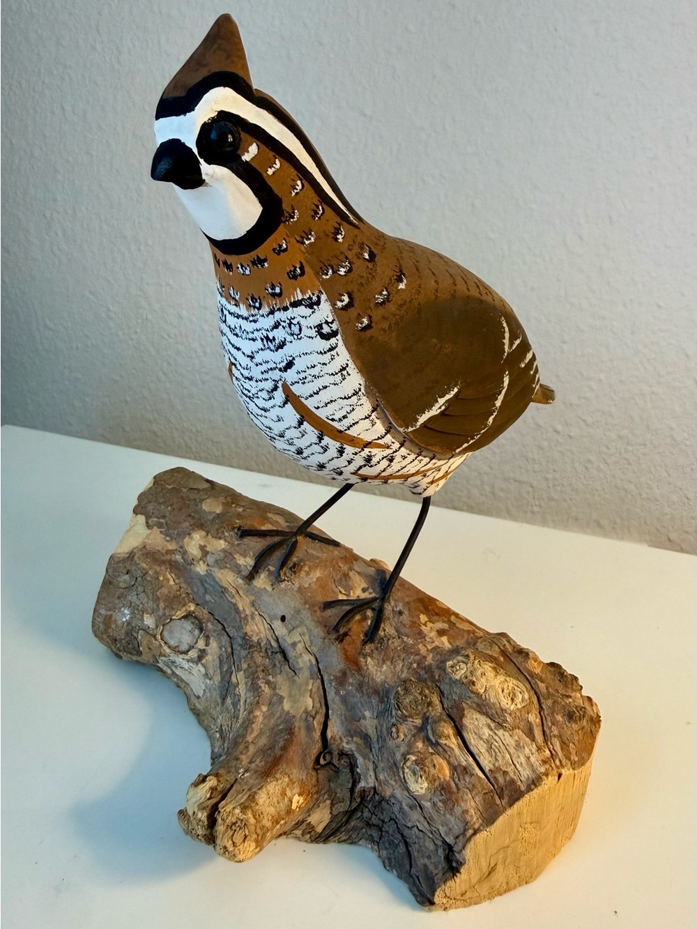 Walter T. Powell Hand-carved & Painted Brown and White Quail Bird Figurine